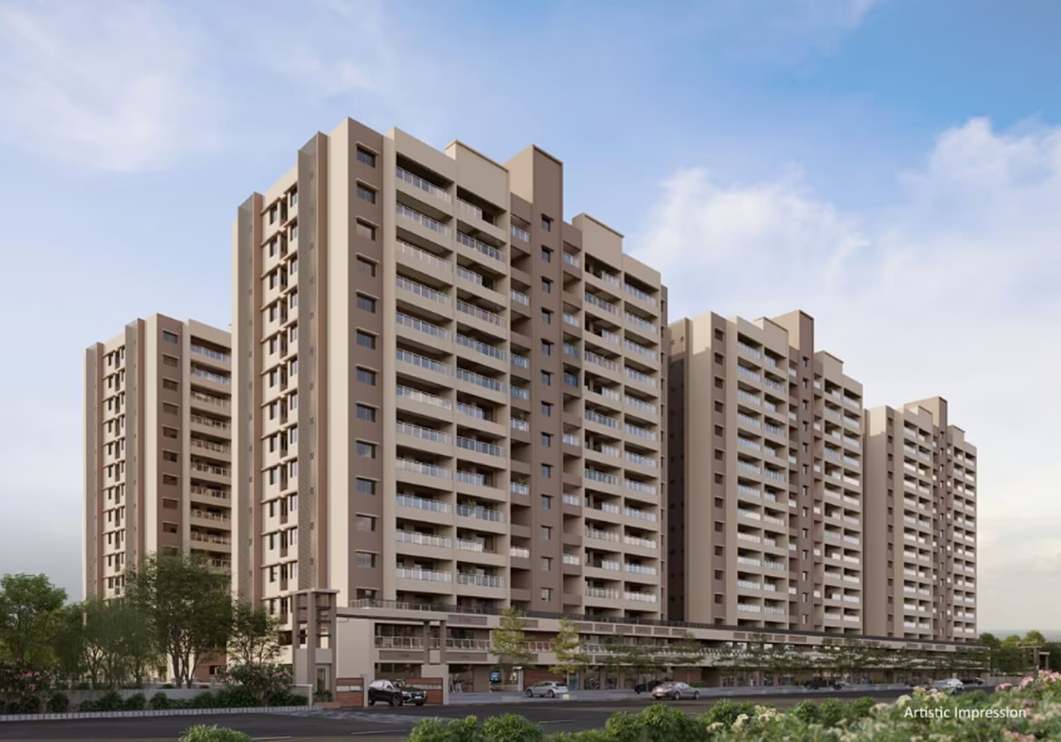 Exterior view of Kolte Patil Springshire &mdash; photo gallery, images, brochure, amenities, cost sheet, price breakup, availability details, RERA number, RERA certificate, possession date, layout plan, logo, floor plan, master plan, and location map showcasing project highlights and features.